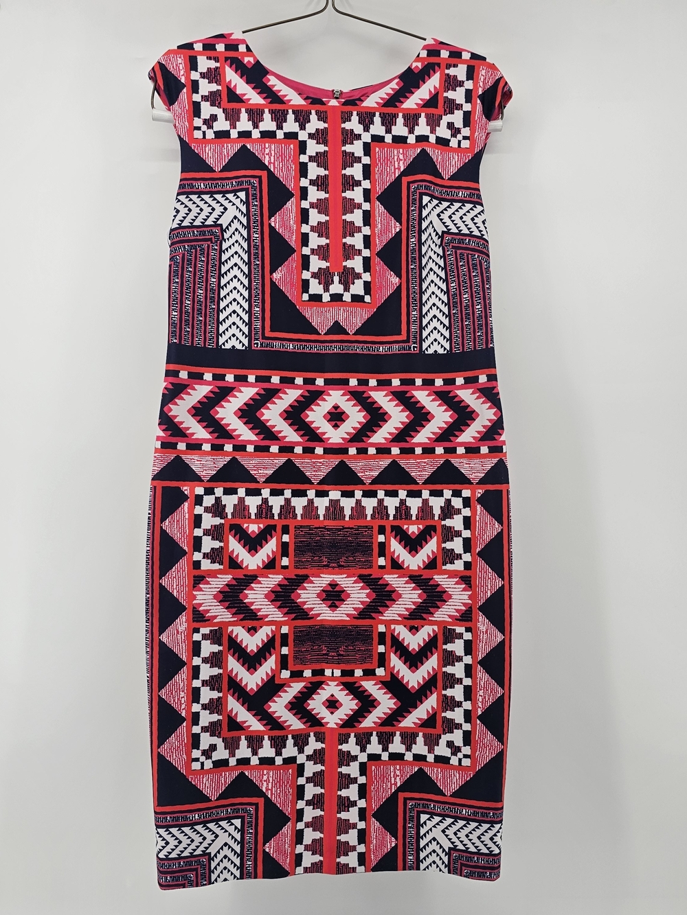 Vince Camuto Geometric Tribal Print Sheath Dress Coral Black White - Size 16 - Picture 1 of 6